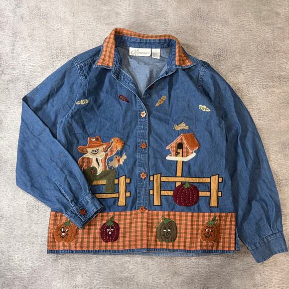 dressbarn Tops - Vintage Denim Fall Harvest Embroidered Button Up